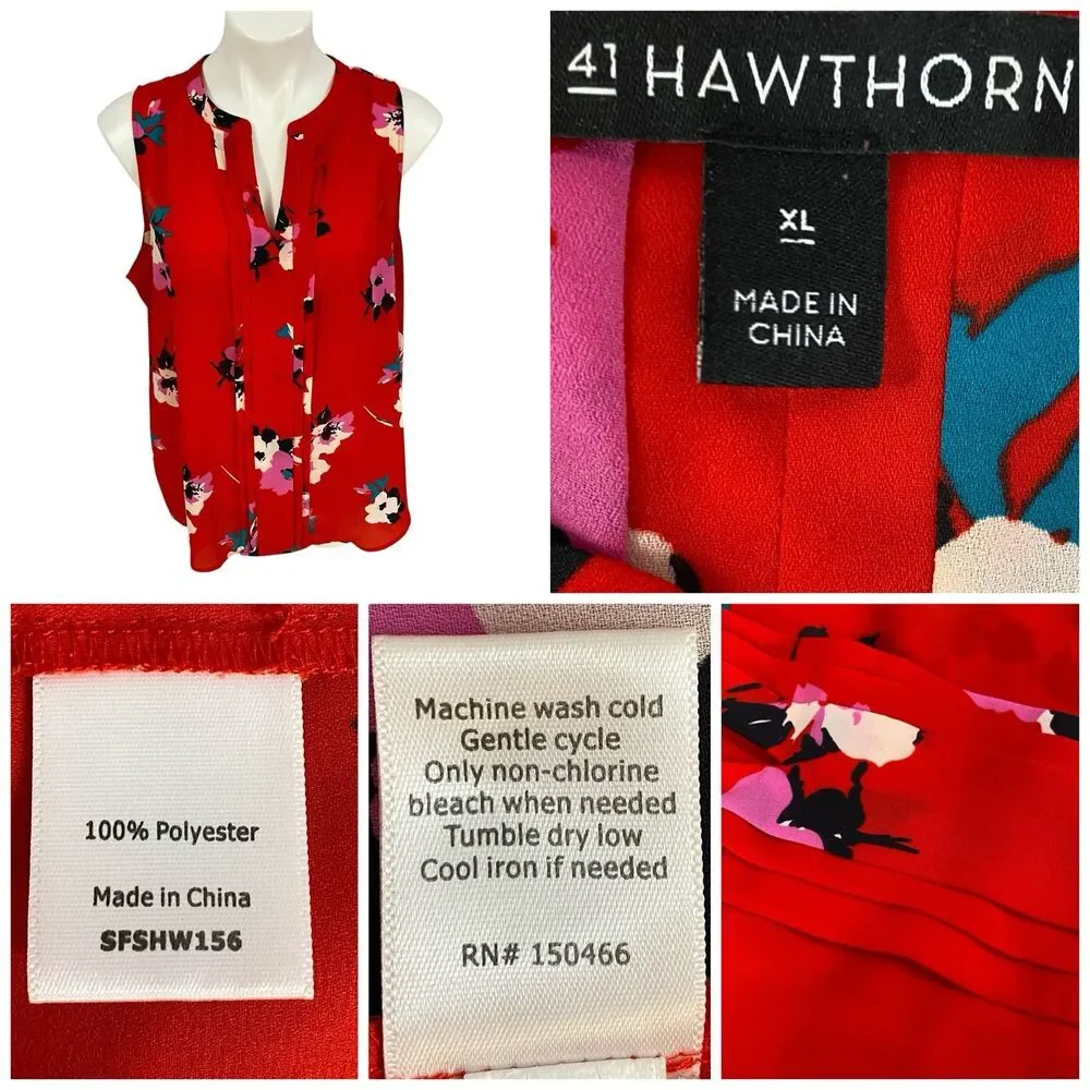 41 Hawthorne Top Womens XL Breyson Pleat Split Neck  Red Floral Office Casual